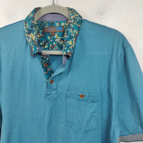 Ted Baker Polo Shirt Mens XXL 5‎ Floral Collar Teal Blue 100% Cotton Preppy - Picture 2 of 8